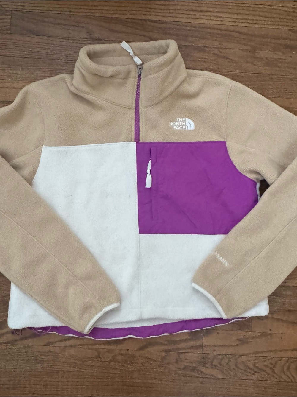 The North Face Denali Pullover Khaki Stone Purple Cactus Flower White L EUC - Picture 1 of 5